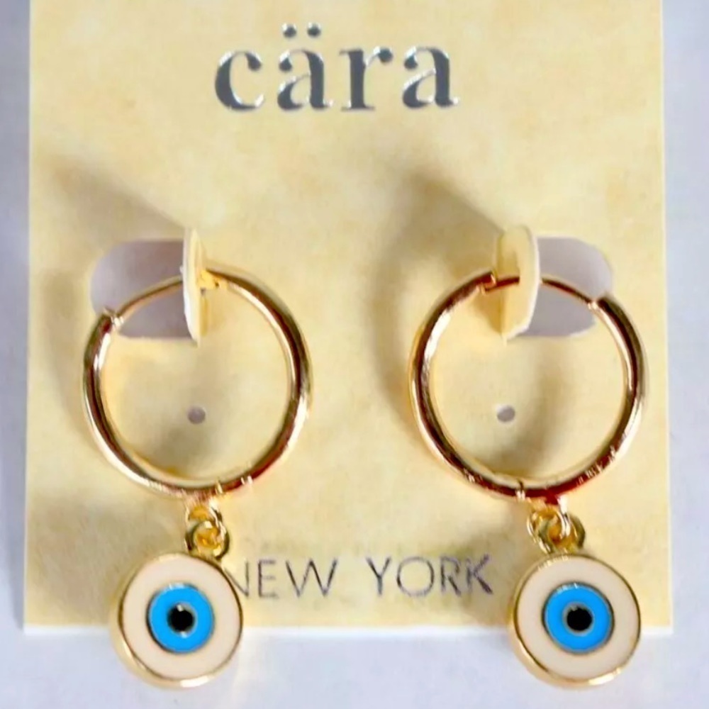 Cara Gold Tone Blue and Cream Enamel Hoop Dangle Earrings